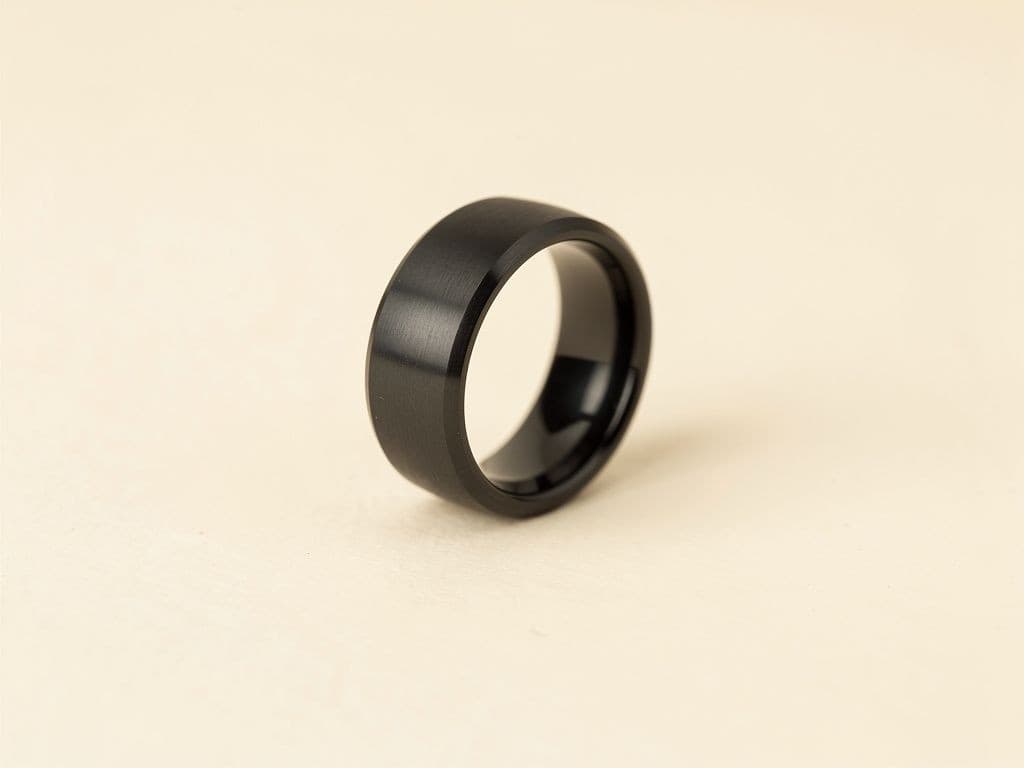 A thick matte black titanium Rodin ring on a cream backdrop.